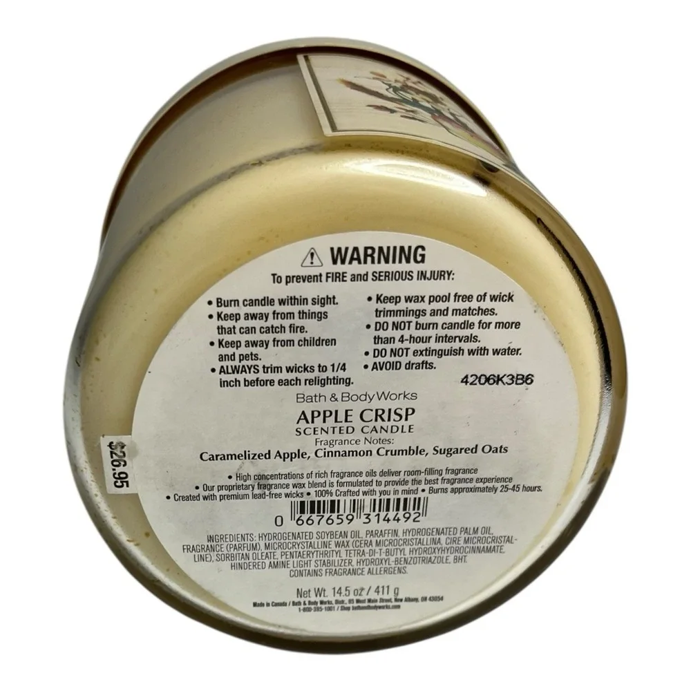 Bath & Body Works Apple Crisp 3 Wick Scented Candle 14.5oz lid Autumn Fall *READ